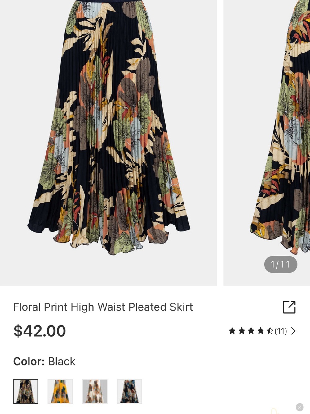 Black Floral High-Waist Pleated Maxi Skirt with Multicolor Leaves